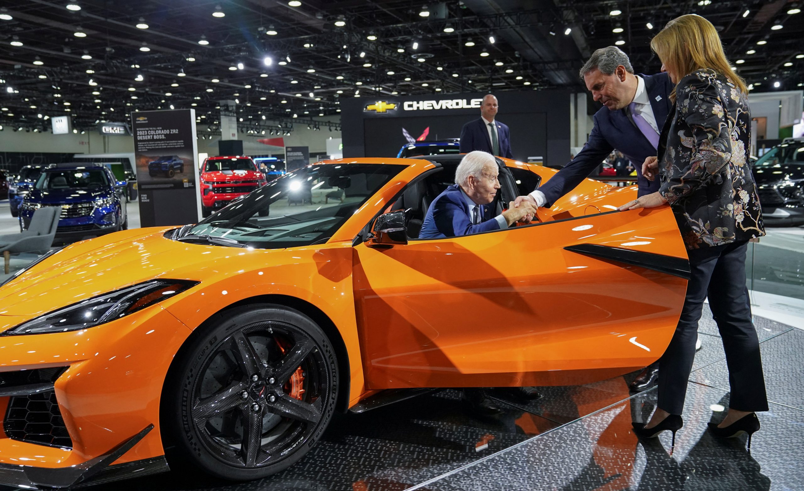 Biden pitches vision of ‘fully electrified’ US automotive industry alongside $105k gas-guzzling sports car